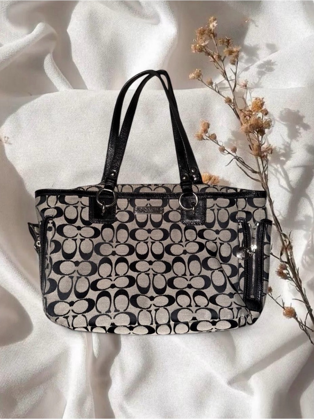 Coach Black and Cream Signature Canvas Tote